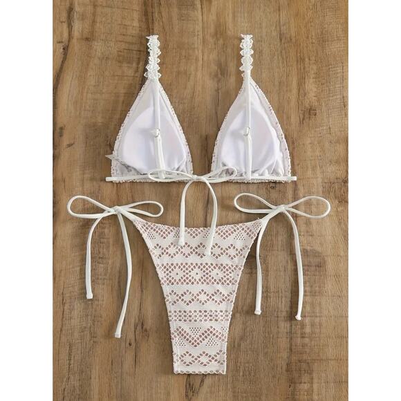 White Nude Cutout Triangle Top String Bikini w/Adjustable Straps SMALL A-D Cup - Picture 2 of 5